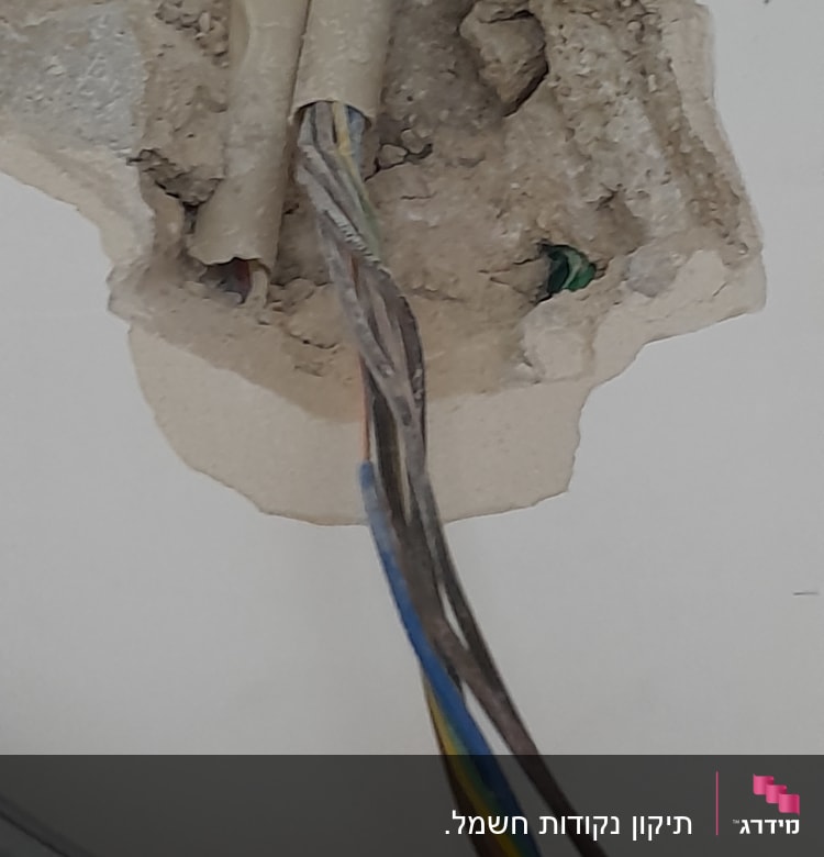 חוטי חשמל צבעוניים יוצאים מקיר שבור